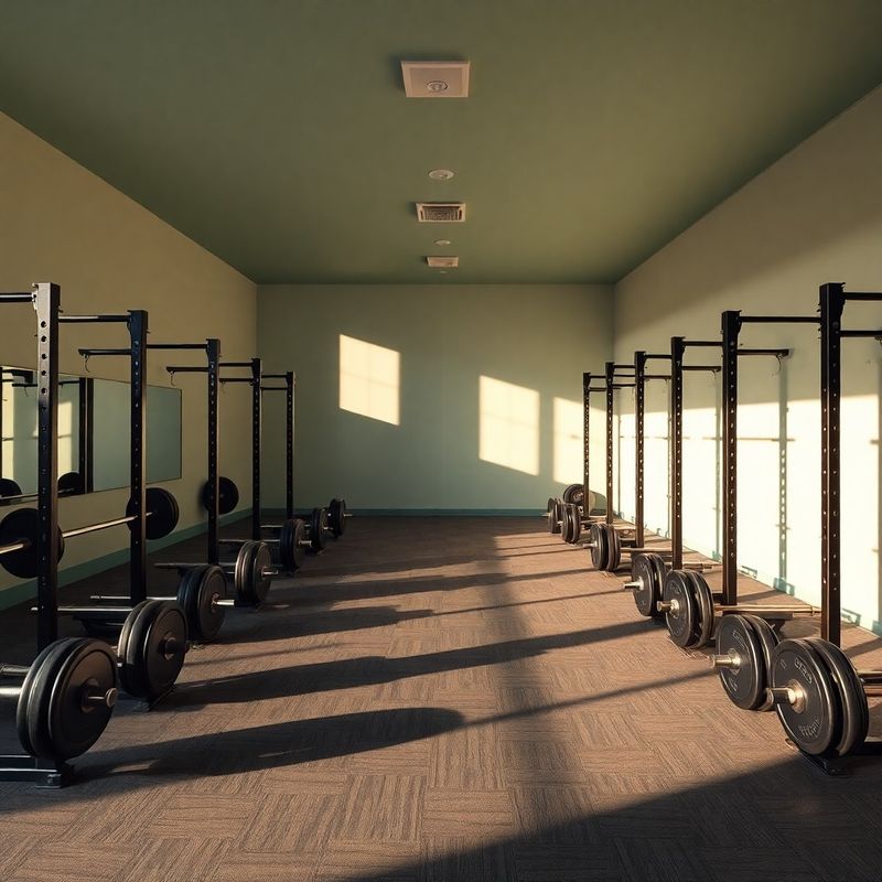 Empty group fitness floor with twelve barbell stations and Eleiko bars under dramatic side lighting