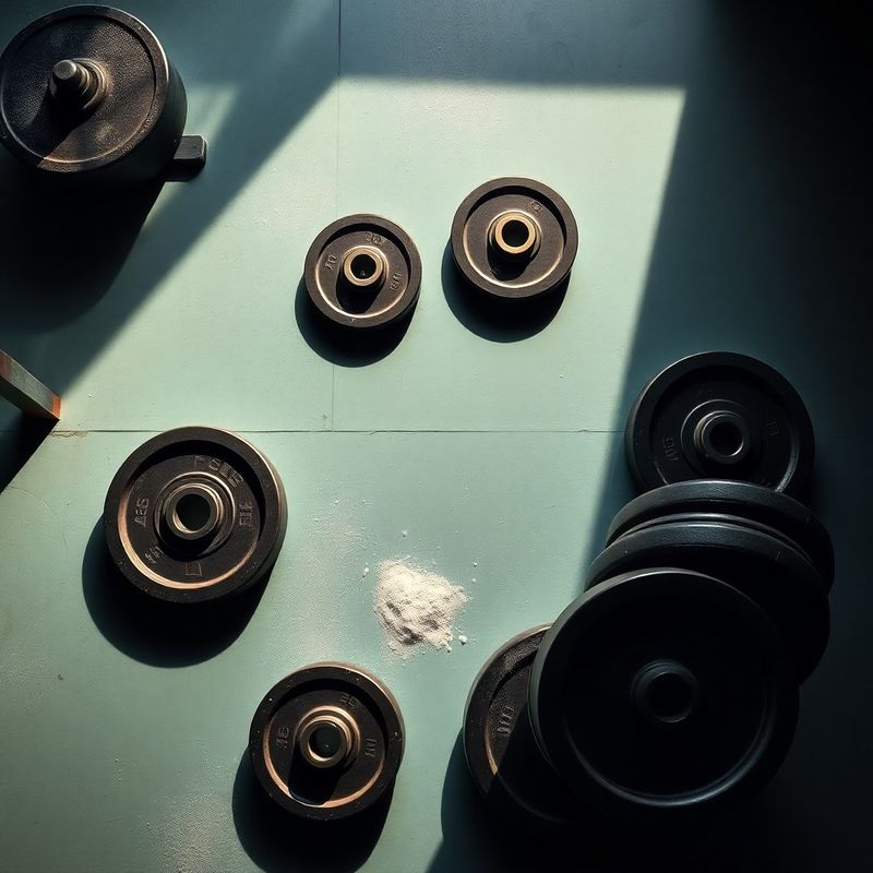 Overhead view of the stone-mint Co of Charleston training floor with calibrated plates and chalk dust