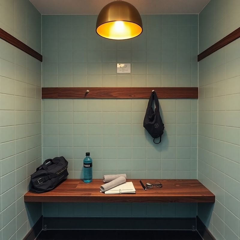 Stone-mint locker room bench with neatly arranged athletic gear under a warm brass fixture